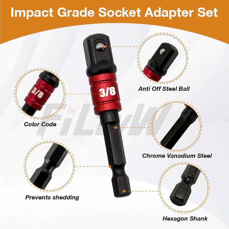 FWW 1/2-Inch Drive to 1/4-Inch Hex Drive Quick Change Adapter with Impact Grade Socket Adapter Set, Socket Adapter Converter Chuck Adapter for Impact Air and Electric Wrench - Image 4